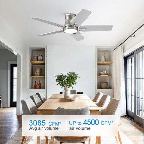 42 Inch Ceiling Fan With Lights And Remote Brushed Nickel Flush Mount Low Profile Ceiling Fan For Bedroom Living Room Patio Dimmable 6 Speeds Noiseless Reversible ETL Listed installed in modern dining room.