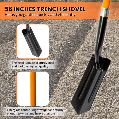 Heavy Duty Trench Shovel With 56 Inch Fiberglass Handle, 4 Inch V Shaped Narrow Blade For Tight Trenches shown on soil