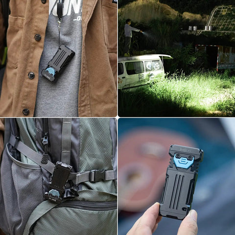 X2 Rechargeable EDC Flashlight 2500 Lumen on chest, lighting outdoor area, attached to backpack, held in hand