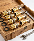 Heavy Duty 6 Piece Garden Hose Repair Kit With Brass And Aluminum Fittings For 5/8 Inch And 3/4 Inch Hoses Fix Drips And Leaks Fast Without Calling Pros For Your Outdoor Yard Irrigation System, brass fittings with clamps in wooden tray