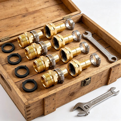 Heavy Duty 6 Piece Garden Hose Repair Kit With Brass And Aluminum Fittings For 5/8 Inch And 3/4 Inch Hoses Fix Drips And Leaks Fast Without Calling Pros For Your Outdoor Yard Irrigation System, brass fittings with clamps in wooden tray