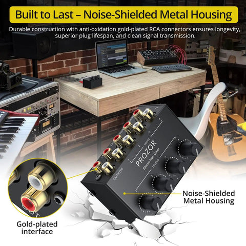 4 Channel Stereo Audio Mixer With RCA Inputs And Independent Volume Controls For TV PC DJ Home Studio Setup No Power Required Plug And Play Metal Housing Ultra Low Noise shown on desk