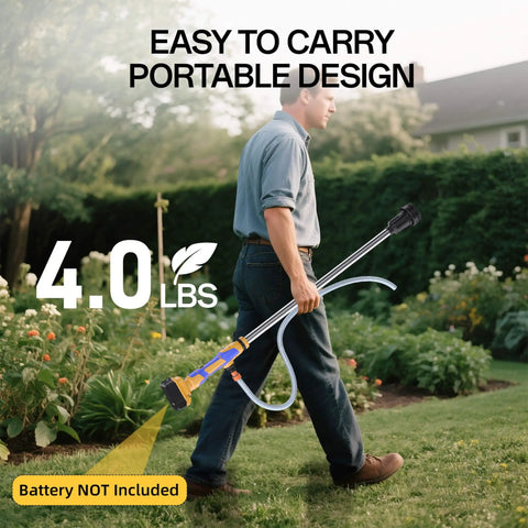 Man carrying Cordless Water Transfer Pump With 20V Max Battery, Grab And Go 720 GPH High Flow, 32 Ft Lift through a garden