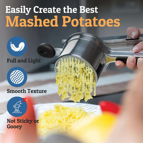 Large 15oz Potato Ricer And Stainless Steel Masher For Smooth Fluffy Mash Potatoes Quick Press No Fuss Mash Kitchen Gadget in use