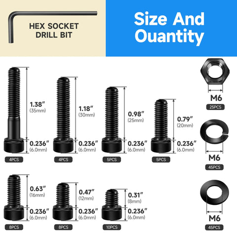 Diagram showing size and quantity of screws and nuts from the 159Pcs M6 Black Oxide Carbon Steel Hex Socket Head Cap Screws Assortment Kit