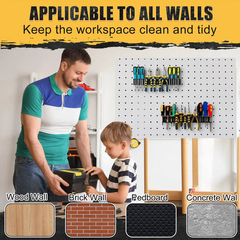 Two Pack 15.75 Inch Heavy Duty Wall Mount Screwdriver Organizer And Pliers Rack Metal Tool Holder with Peg Board shown in garage