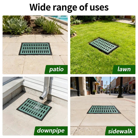 Square Catch Basin With Fiberglass Grate And Debris Basket 26x18x24 Inch installed in patio, lawn, downpipe areas