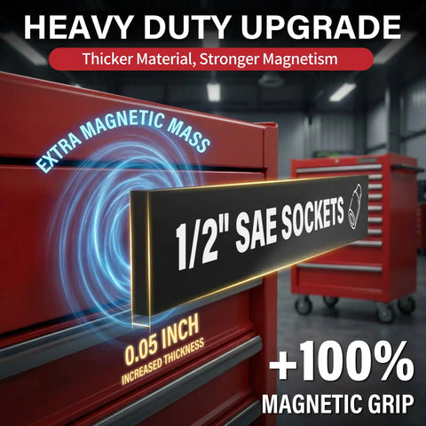 105 Piece Magnetic Tool Box Label Kit For The Garage with Heavy Duty Drawer Magnets on red tool chest