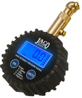 JACO Elite digital tire pressure gauge with blue backlit display and brass nozzle, front view.