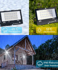 Outdoor Dope RGB Flood Light Kit With Bluetooth App Control showing IP66 waterproof and temperature resistance features.
