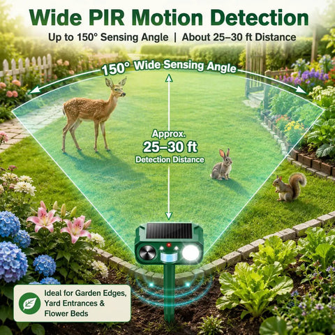 Solar Ultrasonic Deer Repellent With Motion Sensor and Flash Light for Outdoor Garden Yard Protects Flowers Vegetables and Plants From Deer Cats and Rabbits, 150° range