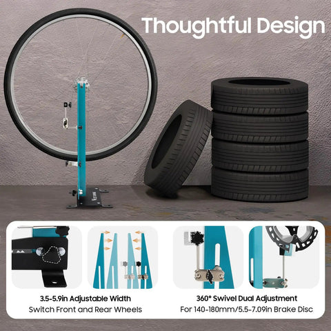 Dual 360 Degree Wheel Truing Stand For MTB And Road Bikes, durable high carbon steel, with adjustable width and swivel dual adjustment