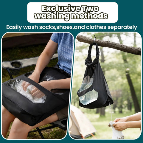 Portable Travel Laundry Washing Bag For Camping Cruise Van Life Lets You Hand Wash Socks And Delicates Right Inside Pack Lighter Clean Gear On The Fly Every Trip featuring two washing methods.
