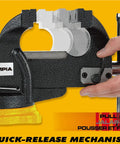 Heavy Duty 6 Inch Swivel Base Bench Vise One Hand Quick Release Tool Clamp showing quick-release lever and polished anvil.
