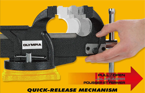 Heavy Duty 6 Inch Swivel Base Bench Vise One Hand Quick Release Tool Clamp showing quick-release lever and polished anvil.