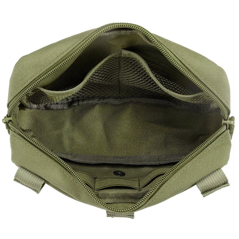 Inside view of Laser Cut Molle Admin Pouch For EDC Gear, Tactical Pouch With Horizontal Layout in army green showing compartments