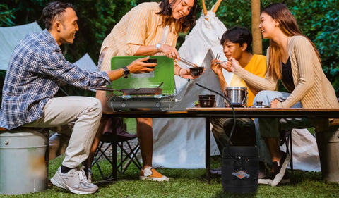 Family camping outdoors with Gas Hauler Kit With Insulated Carry Case, 3 lb refillable propane tank and adapter hose on picnic table.