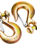 Two Pack 3/8 Inch Clevis Slip Hooks With Safety Latch Heavy Duty Drop Forged G70 Steel Grab Tools golden finish with spring latch.