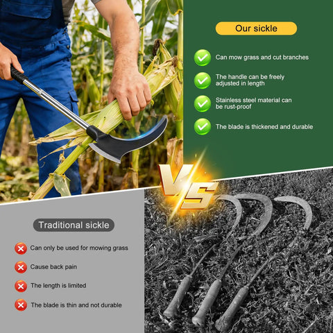 Comparison of Beast Mode Double Head Sickle Weeding Tool with traditional sickles; features durable stainless steel blades and adjustable handle.