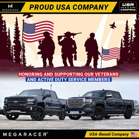 Premium Anodized Carbon Fiber 50 Cal Bullet Antenna For Ford F150 F250 Truck with USA flag and military silhouettes background.