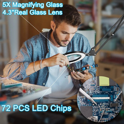 Man using 5X Magnifying Glass With Light For Crafts And Hobbies, 3 Color Modes, Stepless Dimmer, 8 Diopter Real Glass Lens