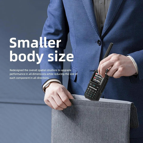 Person placing a Two Pack Mini Ham Radio Long Range Handheld Two Way Radio With Bluetooth App Programming 999 Channels into a bag.