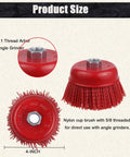 4 Inch Abrasive Filament Nylon Cup Brush For Angle Grinder 5/8-11 Thread, shown with red bristles and threaded arbor