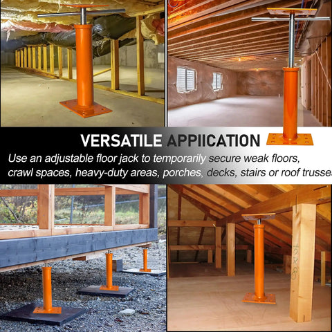 Adjustable Basement Floor Jack Posts, 2 Pack, 11 To 17 Inch Screw Post Supports installed under house and porch for stabilization.