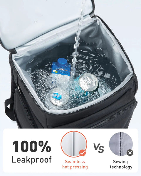 Waterproof Cooler Backpack For 30 Cans, showing leakproof interior with water and cans, Insulated Leakproof Portable Cooler Bag.