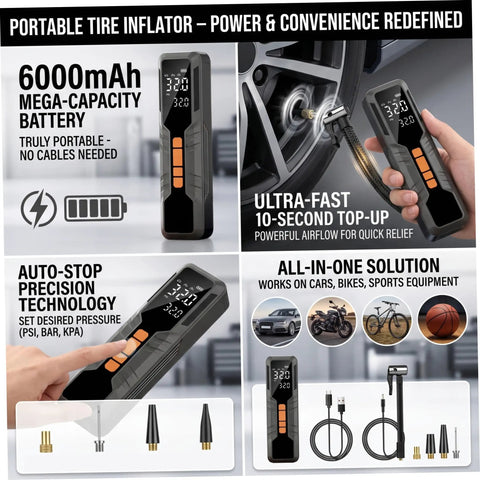 Portable Cordless Tire Inflator With Dual Digital Gauge And 6000 Mah Battery shows battery, auto-stop feature, and accessories for quick inflation.