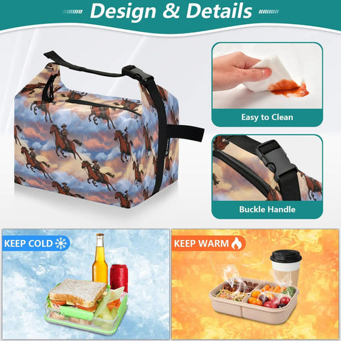 Cowboy Rides A Horse Across The Desert Insulated Lunch Bag, 9.4x6.7x9.8 inches, showing design details and easy clean features.