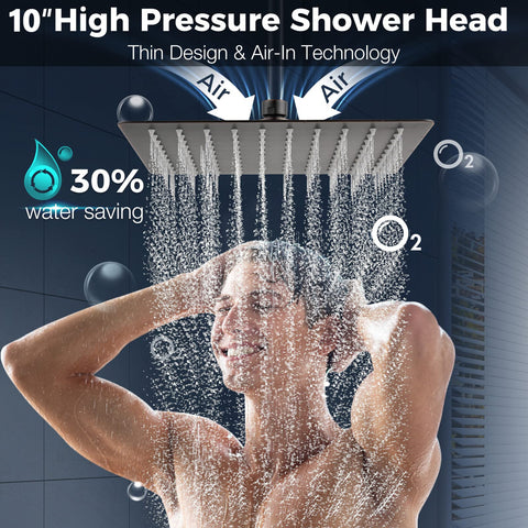 10 Inch Rainfall Shower Head with 16 Inch Adjustable Extension Arm and Handheld Combo in use, oil rubbed bronze, water saving