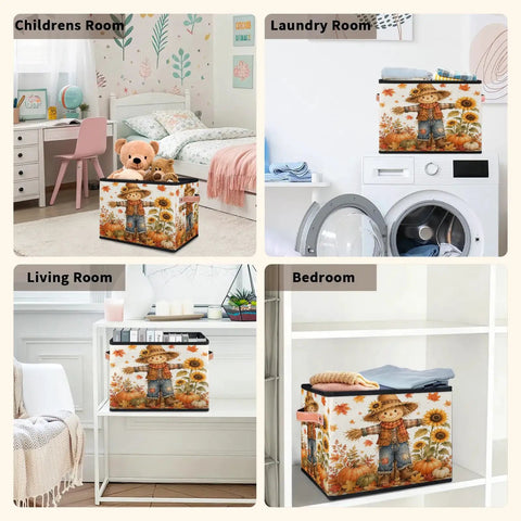 Autumn Theme Fabric Storage Basket For Standard Shelving And Closets Hella Durable Canvas Organizer Bin with strong handles in children's room.