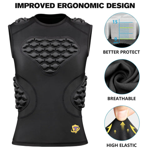 Youth Padded Compression Shirt With Chest Guard For Football Basketball Lacrosse, black, ergonomic design, breathable fabric.