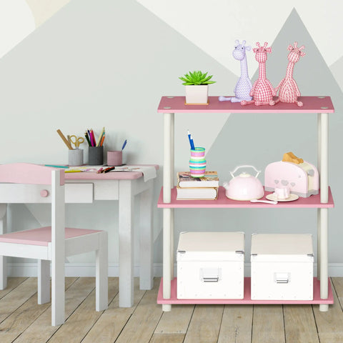 No Sweat Toolless Pink 3 Tier Open Storage Shelf, Hella Versatile Corner Book Rack For Living Room, Bedroom, Garage And Home Office Legit Organization Upgrade