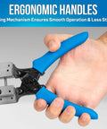 Hand holding CSP F5 Cable Slitting Pliers for thin walled jacketed fiber optic cables, showing ergonomic spring-loaded blue handle.