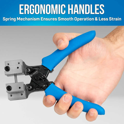 Hand holding CSP F5 Cable Slitting Pliers for thin walled jacketed fiber optic cables, showing ergonomic spring-loaded blue handle.