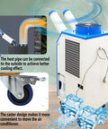 Heavy Duty Rolling Industrial Spot Cooler With 14L Reservoir And Adjustable Vents Delivers Straight Up 18700 Btu No Sweat Cooling for workshops, showing caster wheels and heat pipe connection.