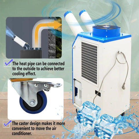 Heavy Duty Rolling Industrial Spot Cooler With 14L Reservoir And Adjustable Vents Delivers Straight Up 18700 Btu No Sweat Cooling for workshops, showing caster wheels and heat pipe connection.