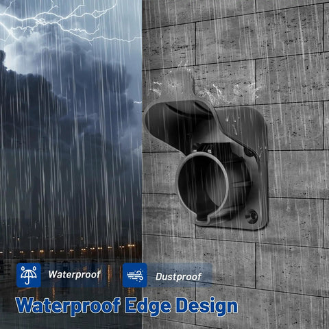 EV Charger Holder for SAE J1772 Cords mounted on a wall, showcasing waterproof edge design in rain.