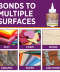 All Purpose Tacky Glue 8 Ounce Clear Non Toxic Dries Clear And Flexible Great For Fabric Silk Burlap Paper Trimming And Decor Easy Clean Up With Water DIY Friendly Perfect For Crafts shown bonding felt, foam, wood, ceramic, and paper surfaces.