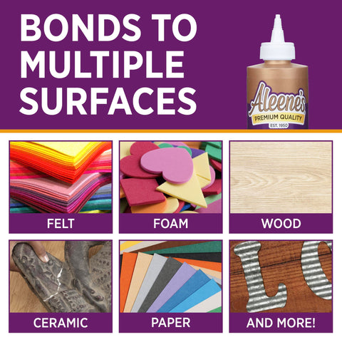 All Purpose Tacky Glue 8 Ounce Clear Non Toxic Dries Clear And Flexible Great For Fabric Silk Burlap Paper Trimming And Decor Easy Clean Up With Water DIY Friendly Perfect For Crafts shown bonding felt, foam, wood, ceramic, and paper surfaces.