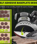 Close-up of Beefy 3.0A 360W Random Orbital Sander Kit with different grit sandpapers for woodworking.