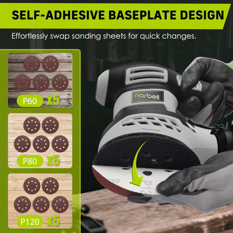 Close-up of Beefy 3.0A 360W Random Orbital Sander Kit with different grit sandpapers for woodworking.