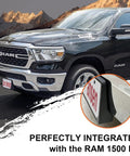 Front License Plate Frame For 2019 To 2024 Ram 1500 DT Curved Front Bumper License Plate Holder Snug Fit Easy Install shown on truck