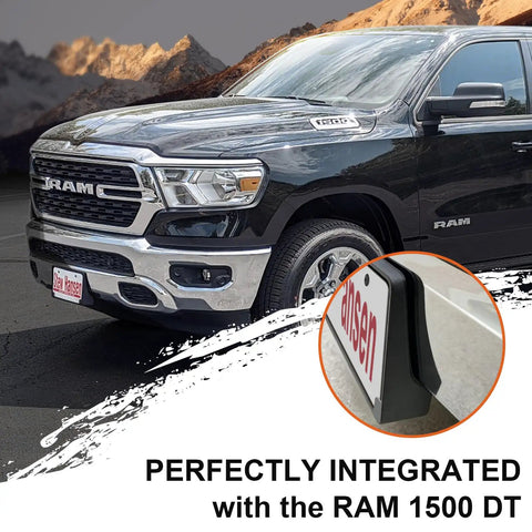 Front License Plate Frame For 2019 To 2024 Ram 1500 DT Curved Front Bumper License Plate Holder Snug Fit Easy Install shown on truck