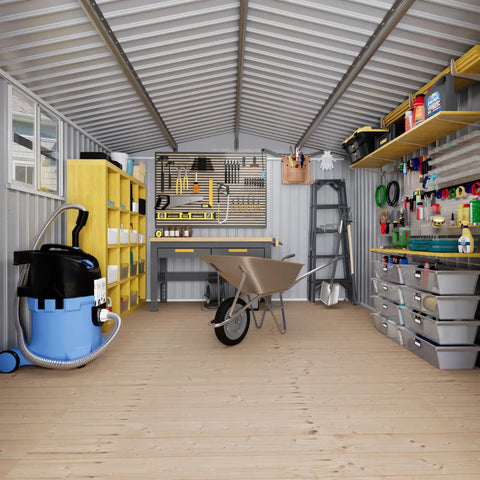 Interior of Outdoor Metal Storage Shed Black 10x12 Ft with tools and equipment, showcasing spacious organization potential.