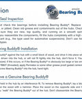 Installation instructions for Genuine Bearing Buddy, including bearing inspection and removal steps, featuring Bearing Buddy logo.