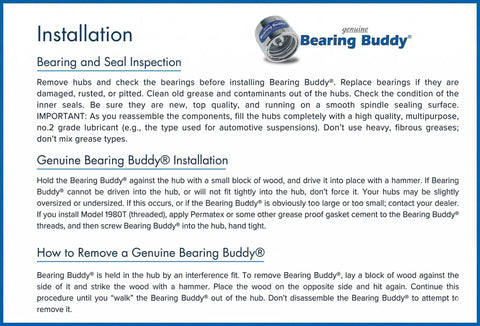 Installation instructions for Genuine Bearing Buddy, including bearing inspection and removal steps, featuring Bearing Buddy logo.