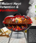 14 Inch Portable Charcoal BBQ Grill With 3 Point Locking Lid For Heat Preservation And Dual Venting System shown with skewers